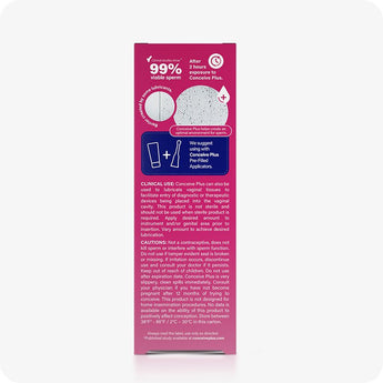 For Conceive Plus Maximum Fertility Bundle, 30ml fertility lubricant box back panel featuring sperm viability stats, clinical usage instructions, cautionary details, visual comparison with pre-filled applicators, and ideal storage conditions—all set on a bright pink design.
