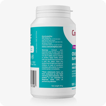 For Conceive Plus Maximum Fertility Bundle, image of women's ovulation support bottle side label in teal color, displaying usage warnings, distribution details for USA, UK, and Asia, barcode, and FDA disclaimer with net weight information.
