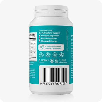 For Conceive Plus Motility and Ovulation Support Bundle, back of Women's Ovulation Support bottle, with icons for ovulation regulation, menstrual support, and healthy cycles, along with supplement facts, barcode, and product usage note—presented on a teal background.