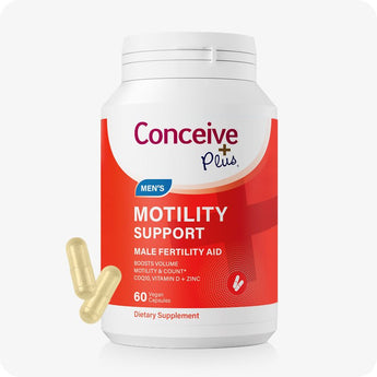 For Conceive Plus Motility Booster Bundle, Men’s Motility Support supplement in bold red packaging, labeled with benefits like improved motility, count, and volume; two gold-toned capsules are positioned at base, offering a visual cue to product's form and dosage.
